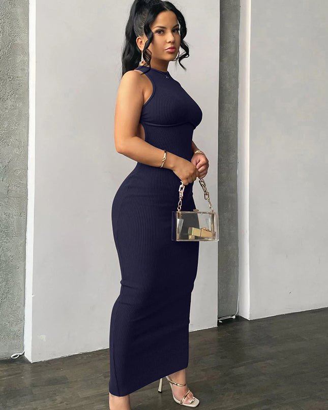 Ribbed Solid Hollow Out Backless Sleeveless Sexy Slit Mini Dress Bodycon 2025 Spring Women Outfits Elegant Party Y2K