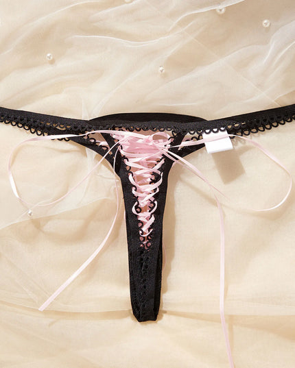 Ladies Super Sexy Lace up Thongs Lingerie Black Strap Crochet Trim Pink Bandage Lace up Panties Sexy Exposed Erotic G-Strings