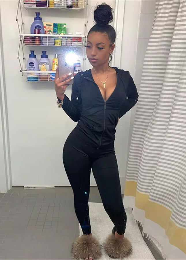 Autumn Two Piece Set Women Long Sleeve Hooded Zipper Pocket Sporty Jackets+Leggings Matching Sets Workout Stretchy Outfits
