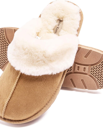 Women'S Comfy House Slippers Scuff Faux Fur House Shoes W/Indoor Outdoor Anti-Skid Rubber Sole(Camel,Small)