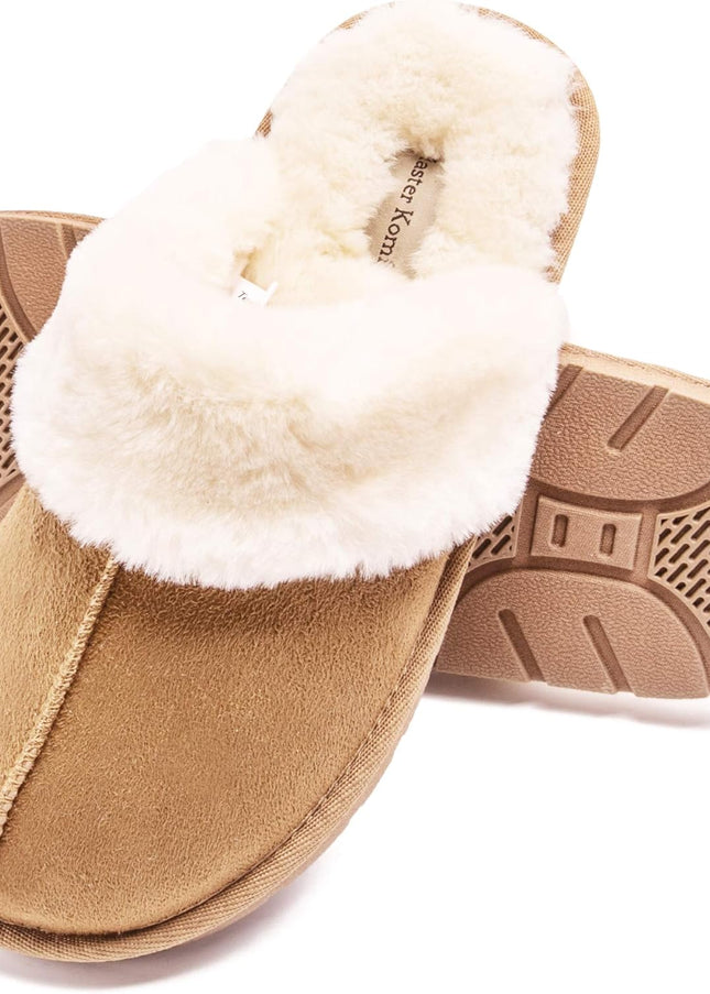 Women'S Comfy House Slippers Scuff Faux Fur House Shoes W/Indoor Outdoor Anti-Skid Rubber Sole(Camel,Small)