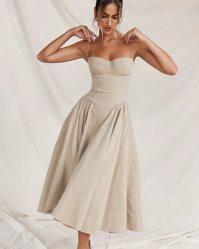 Summer Elegant Midi Spaghetti Strap Dresses Slim V Neck a Line Party Dress Khaki Casual Dress Women'S Clothing