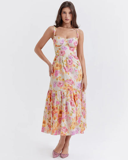 Mingmingxi Summer Elegant Holiday Dress 2024 Causal Ruffle Hems Fit and Flare Dress with Pocket Mid Length Floral Print Dress