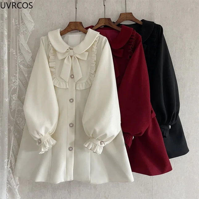 Winter Women'S Woolen Coat Japanese Lolita Style Sweet Kawai Bow A-Line Loose Jackets Female Elegant Fall Korean Fashion Outwear