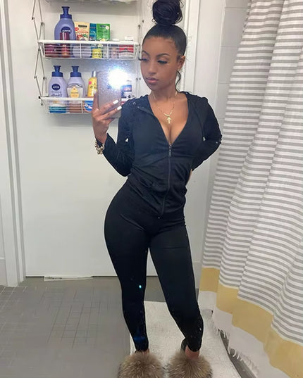 Autumn Two Piece Set Women Long Sleeve Hooded Zipper Pocket Sporty Jackets+Leggings Matching Sets Workout Stretchy Outfits