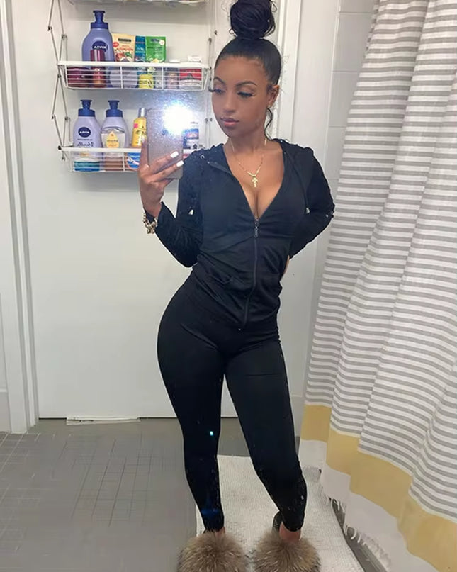Autumn Two Piece Set Women Long Sleeve Hooded Zipper Pocket Sporty Jackets+Leggings Matching Sets Workout Stretchy Outfits