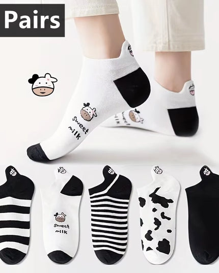 5 Pairs Womens Socks Lovely Cow Pattern Short Socks Creative Printing Socks Ankle Sock