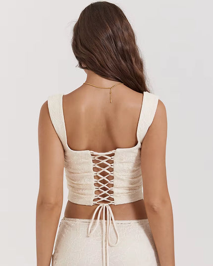 Summer Cropped Top Women 2024 New Arrivals Beige Elegant Lace up Corset Top Sexy Short Causal Female Blouse