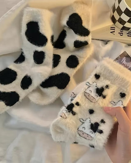 2 Pairs Cute Cow Spots Print Socks, Thickened & Warm Coral Fleece Socks, Women'S Stockings & Hosiery
