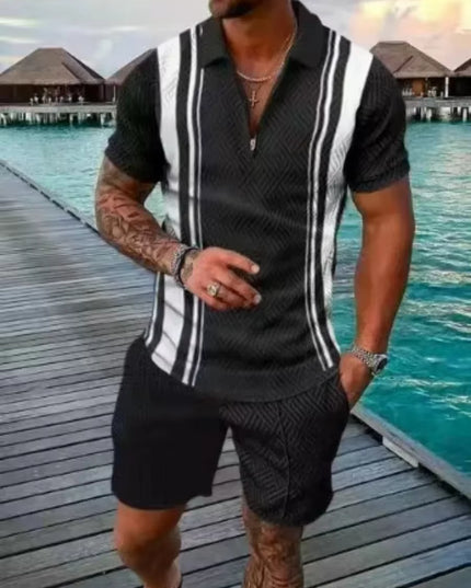 New 2025 Men'S Polo Suit Fashion Men Sets Solid Summer V-Neck Zipper Short Sleeve POLO Shirt+Shorts Two Pieces Men Casual Suit