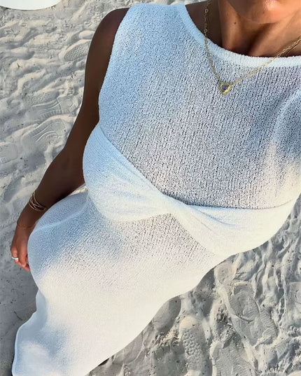 Summer Beach Knit Maxi Dress for Women Cover-Up Pink Sleeveless Twist Sundress Knitwear See-Through Maxi Bodycon Dress New