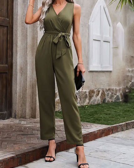 Elegant Commuter Sleeveless Cross Collar Waistline Lace-Up Jumpsuit