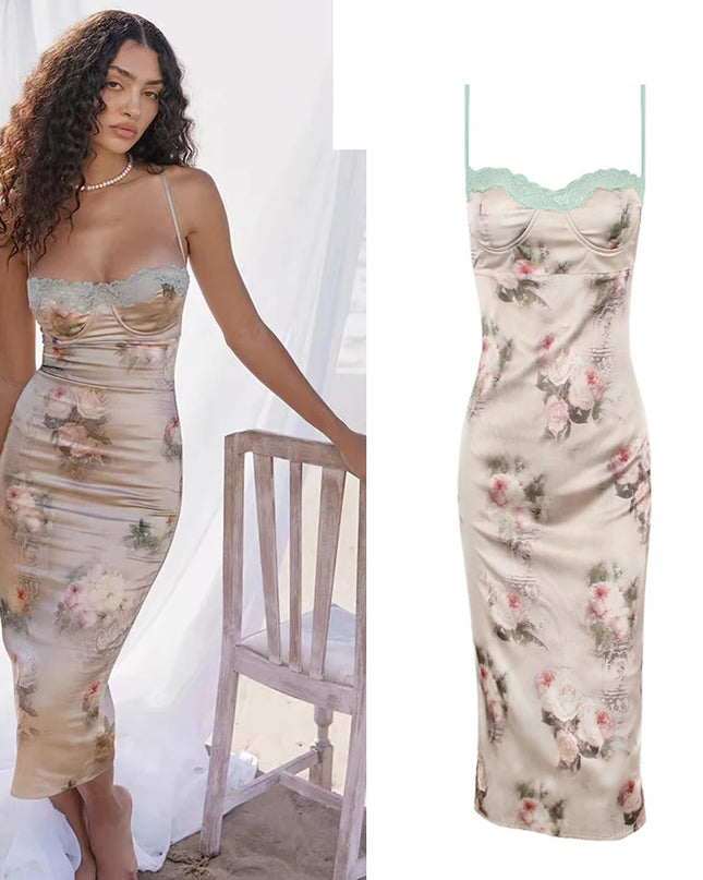 Wedding Guest Dresses for Women 2023 Summer Satin Dress Stretchy Evening Party Dress Floral Elegant Night Club Festival Outfit