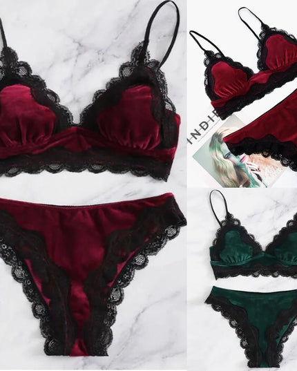 Solid Comfy Velvet Lingeries for Women Floral Lace Gathered Bras and Thong Set 2Pcs Seductive Lingerie Sexy Sleepwear Pajama Set