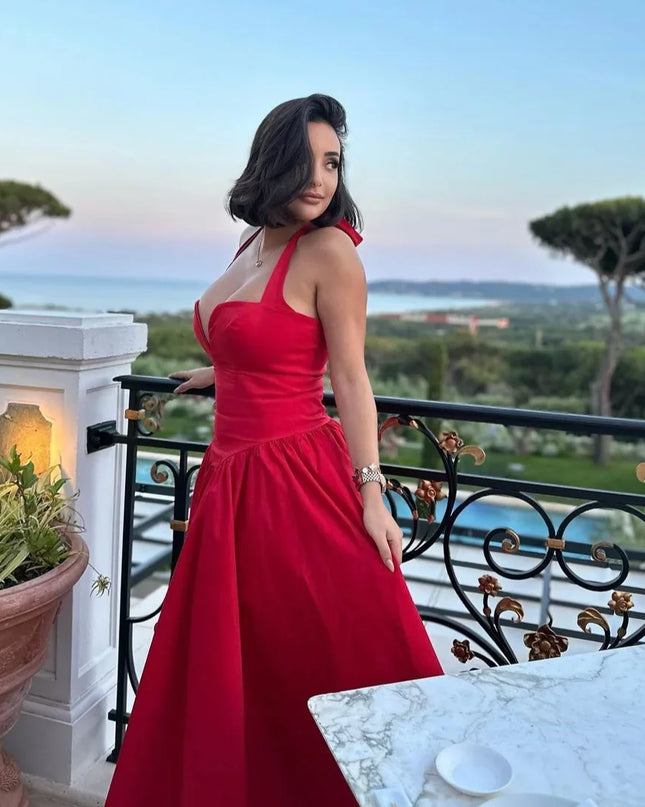 Summer Fit and Flare Halter Dress 2024 Red Elegant Bodycon Party Dresses Sexy Long Casual Dress Women'S Clothing