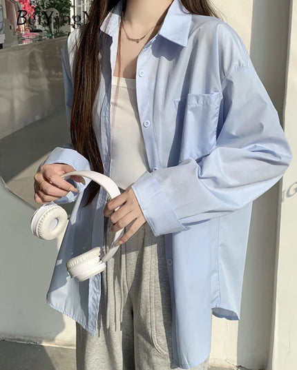 2024 Spring Autumn Women Shirts White Plain Loose Oversized Blouses Female Tops Loose BF Korean Style Blusas Pockets