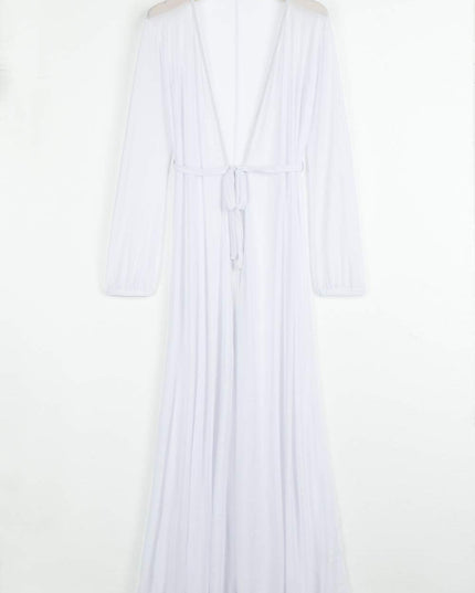 Women'S Sexy Thin Mesh Long Sleeve Tie Front Swimsuit Swim Beach Maxi Cover up Dress