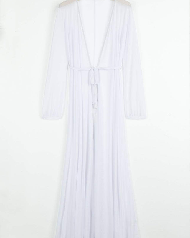Women'S Sexy Thin Mesh Long Sleeve Tie Front Swimsuit Swim Beach Maxi Cover up Dress