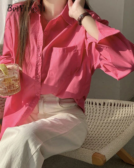 2024 Spring Autumn Women Shirts White Plain Loose Oversized Blouses Female Tops Loose BF Korean Style Blusas Pockets