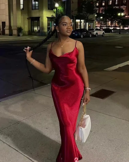 Elegant Satin Backless Maxi Dress for Women Gown Summer Spaghetti Strap Sleeveless Party Long Dress Vestido Robe Femmes