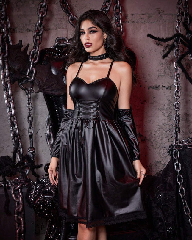 Women'S Spaghetti Strap Backless Elegant Dress, Long Gloves and Charming Necklace Set (Dress, Gloves, Necklace), Black Halloween Dress