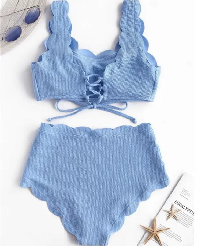 Solid Blue Two Pieces Swimsuit Bathing Suits Bikini Women Scalloped Textured High Waisted Bikini Set Lace up Bathing Suits XXL