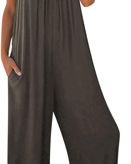 Women Summer Romper Loose Baggy Cotton V Neck Overalls Solid Color Spaghetti Strap Jumpsuits with Pockets
