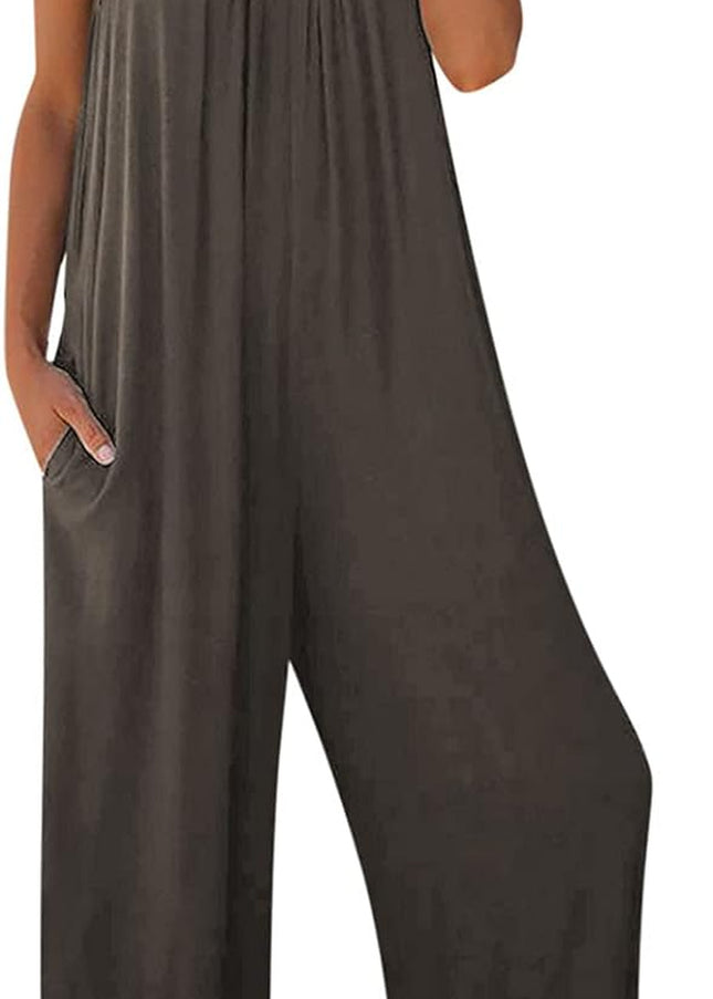 Women Summer Romper Loose Baggy Cotton V Neck Overalls Solid Color Spaghetti Strap Jumpsuits with Pockets