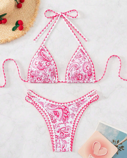 Swim Vcay Women'S Summer Beach Floral Print Halter Neck Tie Bikini Set