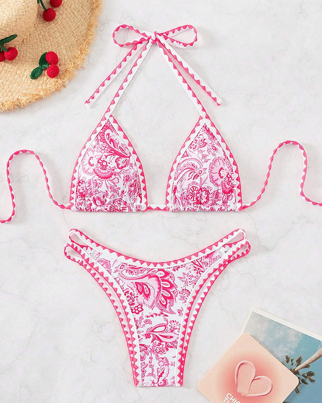 Swim Vcay Women'S Summer Beach Floral Print Halter Neck Tie Bikini Set
