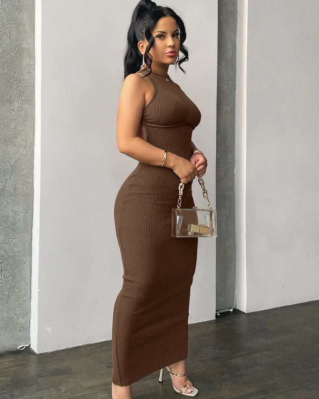 Ribbed Solid Hollow Out Backless Sleeveless Sexy Slit Mini Dress Bodycon 2025 Spring Women Outfits Elegant Party Y2K