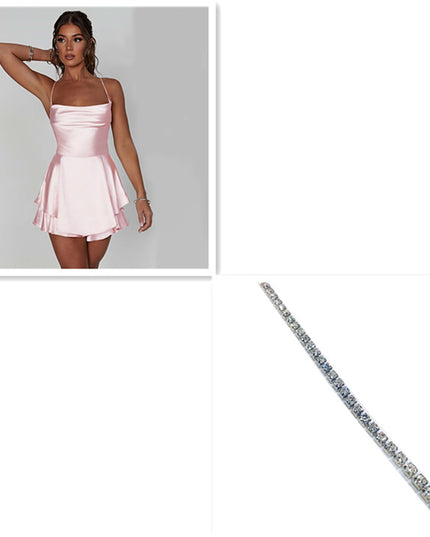 Sexy Suspender Skirt for Women Elegant Slim Strap Satin Backless Lace up A-Line Short Dress Lady