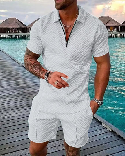 New 2025 Men'S Polo Suit Fashion Men Sets Solid Summer V-Neck Zipper Short Sleeve POLO Shirt+Shorts Two Pieces Men Casual Suit