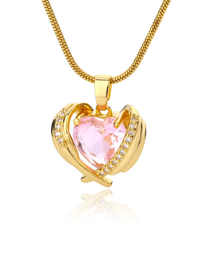 Bohemia Pink Cubic Zirconia Necklace for Women Stainless Steel Heart Wings Pendant Necklaces Crystal Choker Couple Jewerly Gift