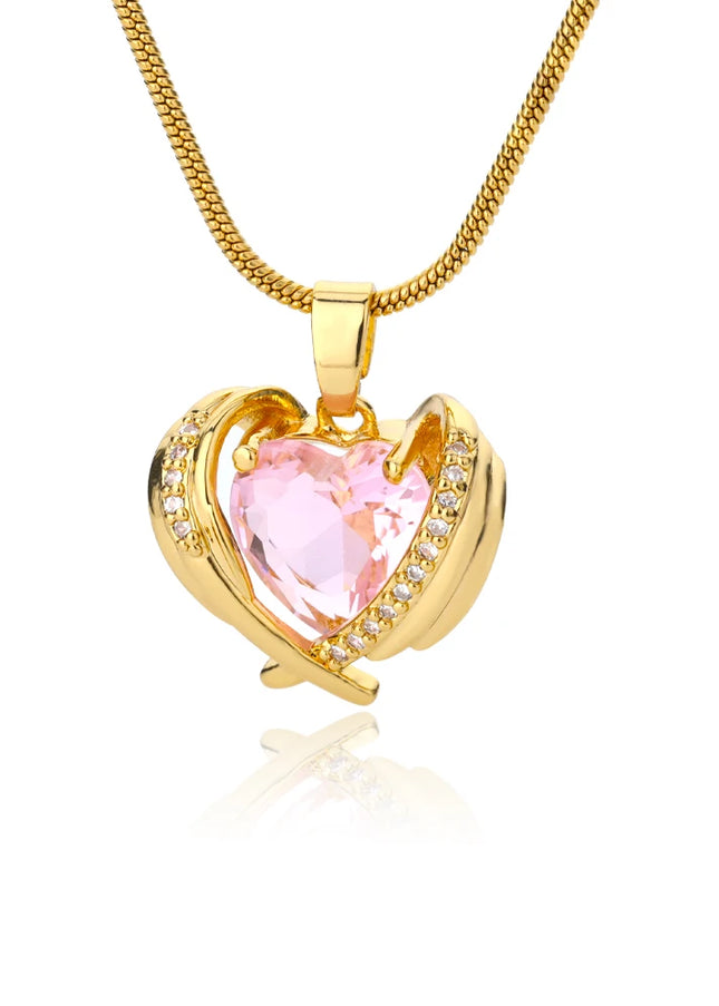 Bohemia Pink Cubic Zirconia Necklace for Women Stainless Steel Heart Wings Pendant Necklaces Crystal Choker Couple Jewerly Gift