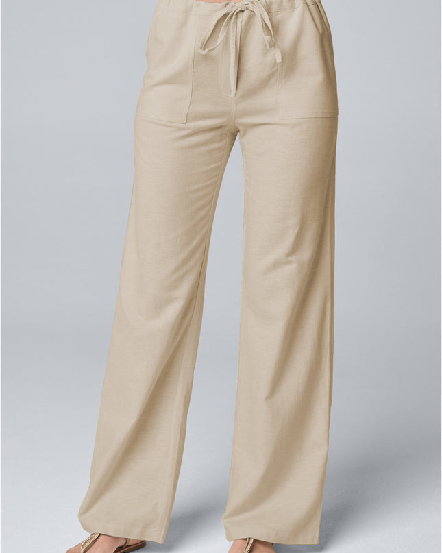 Women'S Fashion Solid Color Loose Lace-Up Cotton and Linen Straight-Leg Pants