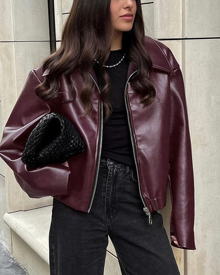 Solid Color Lapel Zipper Jacket Fashion Casual Long Sleeve Leather Coat Tops Women Clothing