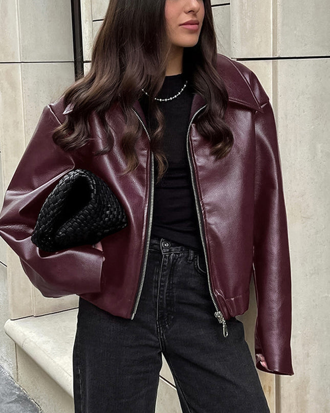 Solid Color Lapel Zipper Jacket Fashion Casual Long Sleeve Leather Coat Tops Women Clothing