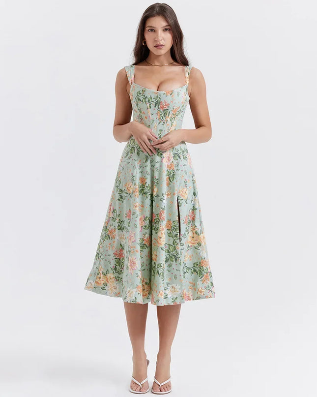 Mingmingxi Summer Dress Woman 2023 Trendy Green Long Lace up Beach Dress Elegant Split Midi Corset Dress Women Clothing
