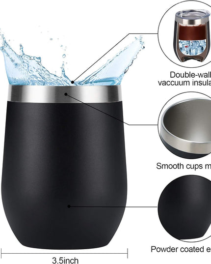 Stainless Steel Wine Tumbler 12Oz, Double Wall Vacuum Insulated Wine Tumbler with Lid and Straw, Stainless Steel Stemless Wine Glass for Wine, Coffee, Cocktails, Champaign, Ice Cream, Black
