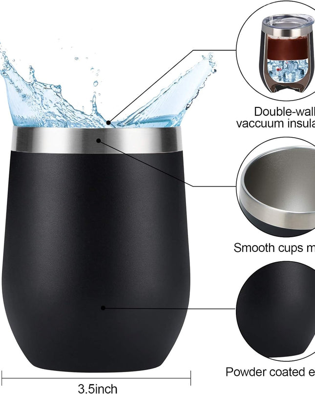 Stainless Steel Wine Tumbler 12Oz, Double Wall Vacuum Insulated Wine Tumbler with Lid and Straw, Stainless Steel Stemless Wine Glass for Wine, Coffee, Cocktails, Champaign, Ice Cream, Black
