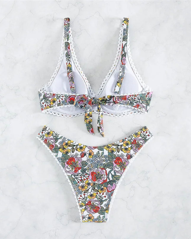 Sexy Flower Print Push up Bikinis Sets 2025 Women Underwired Swimwear High Waist Swimsuits Back Knotted Beach Wear Bathing Suit
