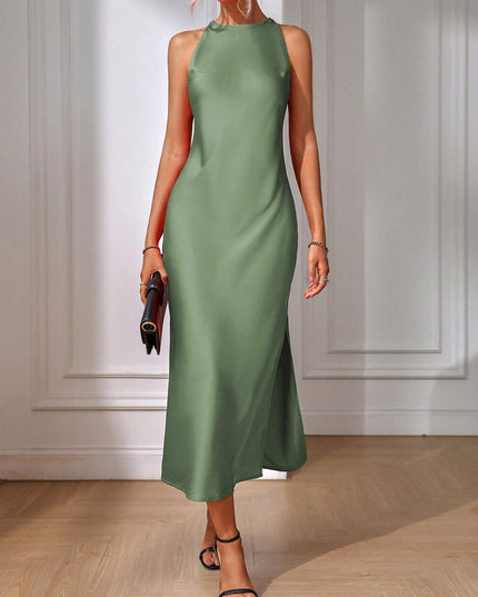 Clasi Solid Split Thigh Dress Maxi Women Outfit Sage Green Dress Elegantsilk Dress Formal