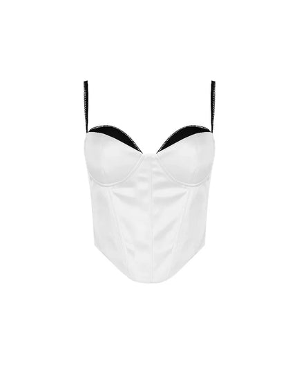 Thick Satin Bustier Corset Crop Top with Chest Pads Spaghetti Strap White Bodycon Top Summer Women Tops with Fishbone