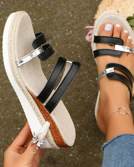 Colorblock-Strap Wedges Sandals Summer Fashion Hemp Heel Slides Slippers Outdoor Thick Bottom Fish Mouth Shoes for Women
