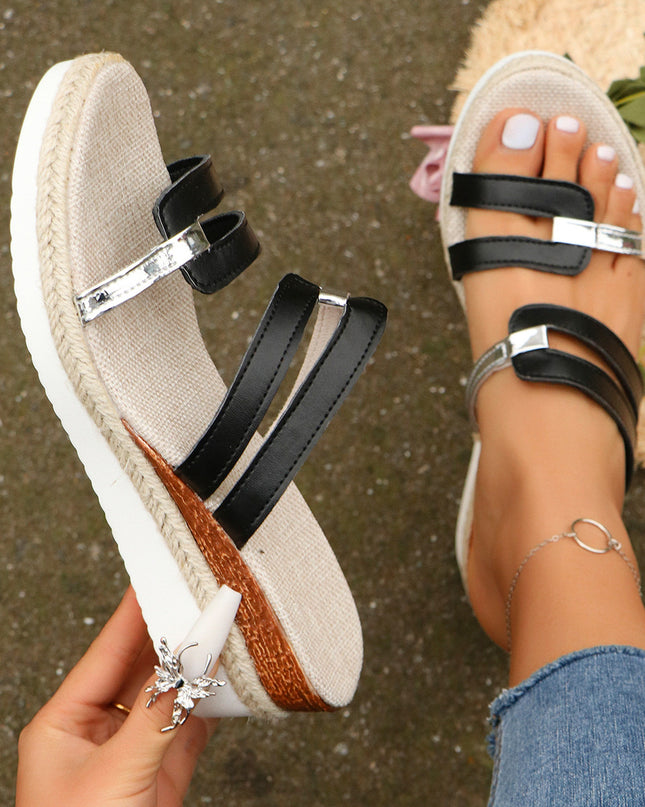 Colorblock-Strap Wedges Sandals Summer Fashion Hemp Heel Slides Slippers Outdoor Thick Bottom Fish Mouth Shoes for Women