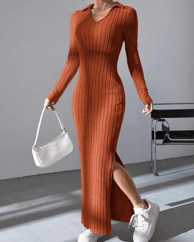 2024 New Women'S Sexy Knitted V-Neck Reverse Collar Split Dress Autumn/Winter Long Sleeve Elastic Basic Body Sweater