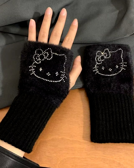 Hello Kitty Half Finger Gloves for Women Fashion Winter Warm Soft Knitting Gloves Casual Cartoon Fingerless Mitten Gifts