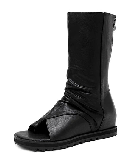 Zipper Design Black Women Shoes Wedges 2022 New Spring Autumn Open Toe Leather Mid-Calf Boots for Women Promotion Sale