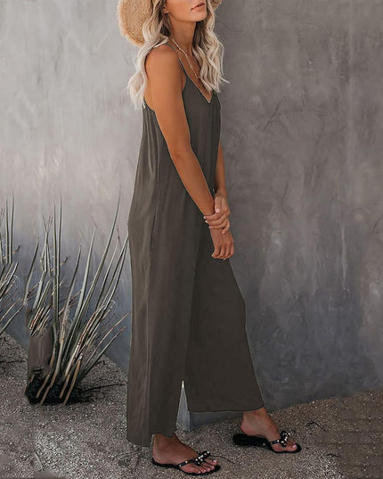 Women Summer Romper Loose Baggy Cotton V Neck Overalls Solid Color Spaghetti Strap Jumpsuits with Pockets
